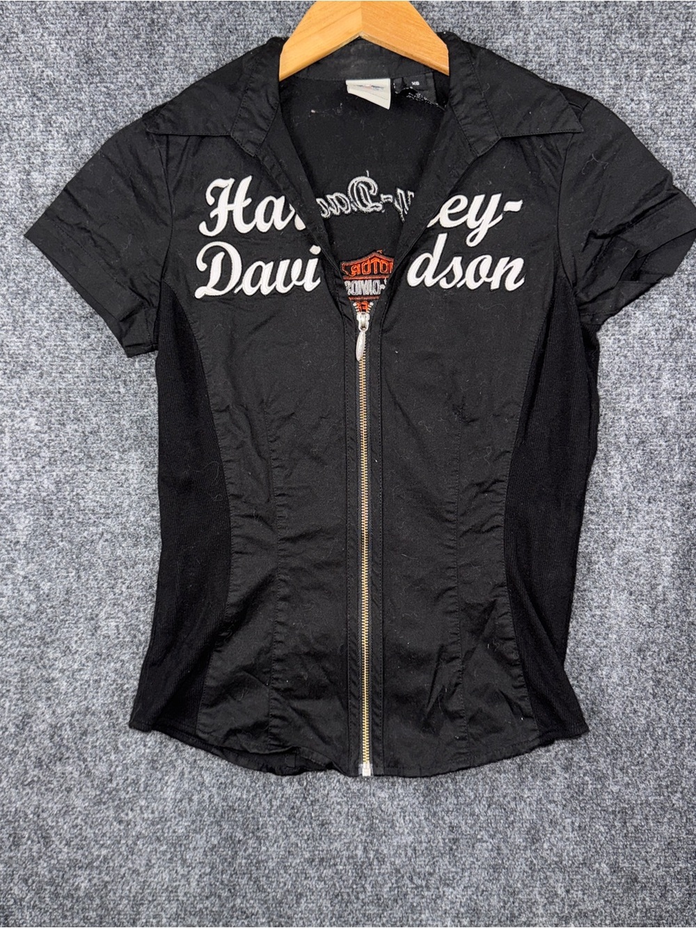 Harley-Davidson Blouse Womens XS Black Zip Front Short Sleeve Embroidered